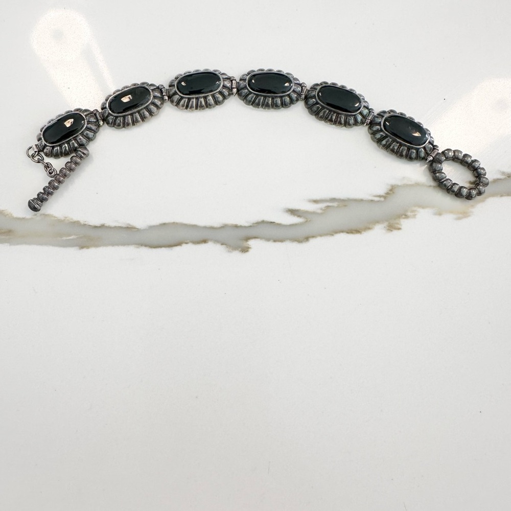 Vintage 925 Silver And Black Onyx Cabochon Toggle Bracelet 125$